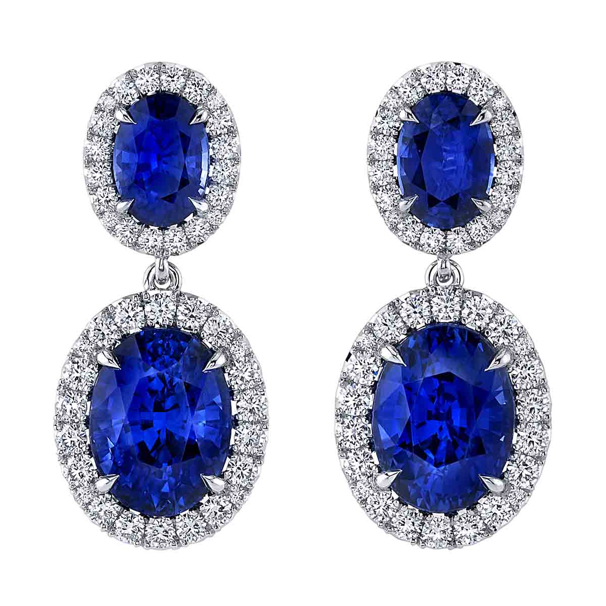 Omi Prive Oval Sapphire & Diamond Halo Double Drop Earrings in Platinum ...