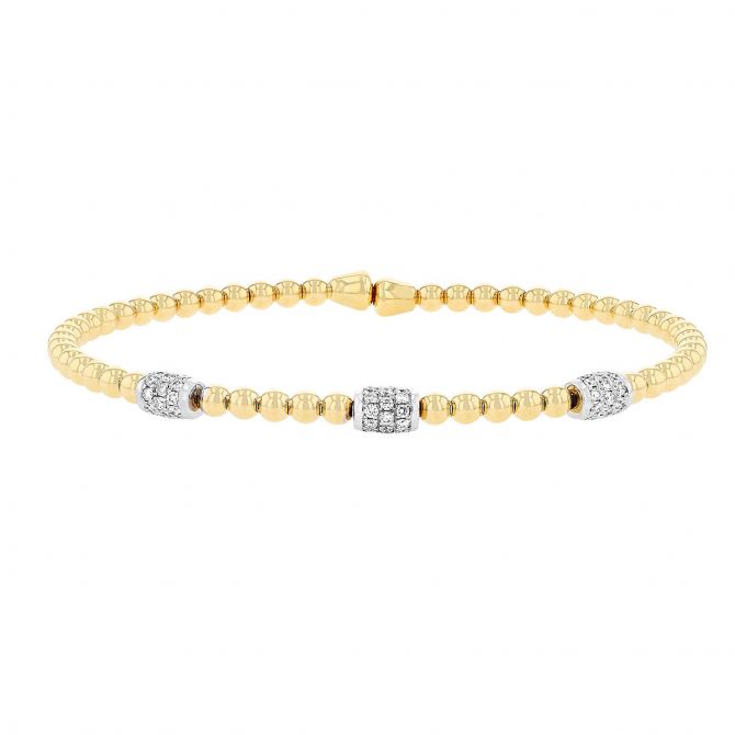 Yellow Gold Bead Pattern Cuff Bracelet with Diamond Cylinder Stations in White Gold