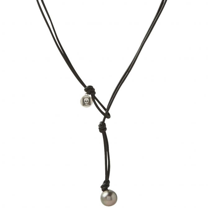 John Varvatos Leather and Sterling Silver Lariat Necklace with Pearl