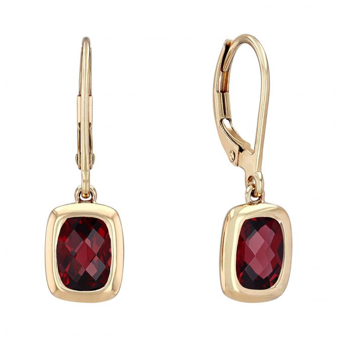 Cushion Garnet Bezel Set Drop Earrings in Yellow Gold