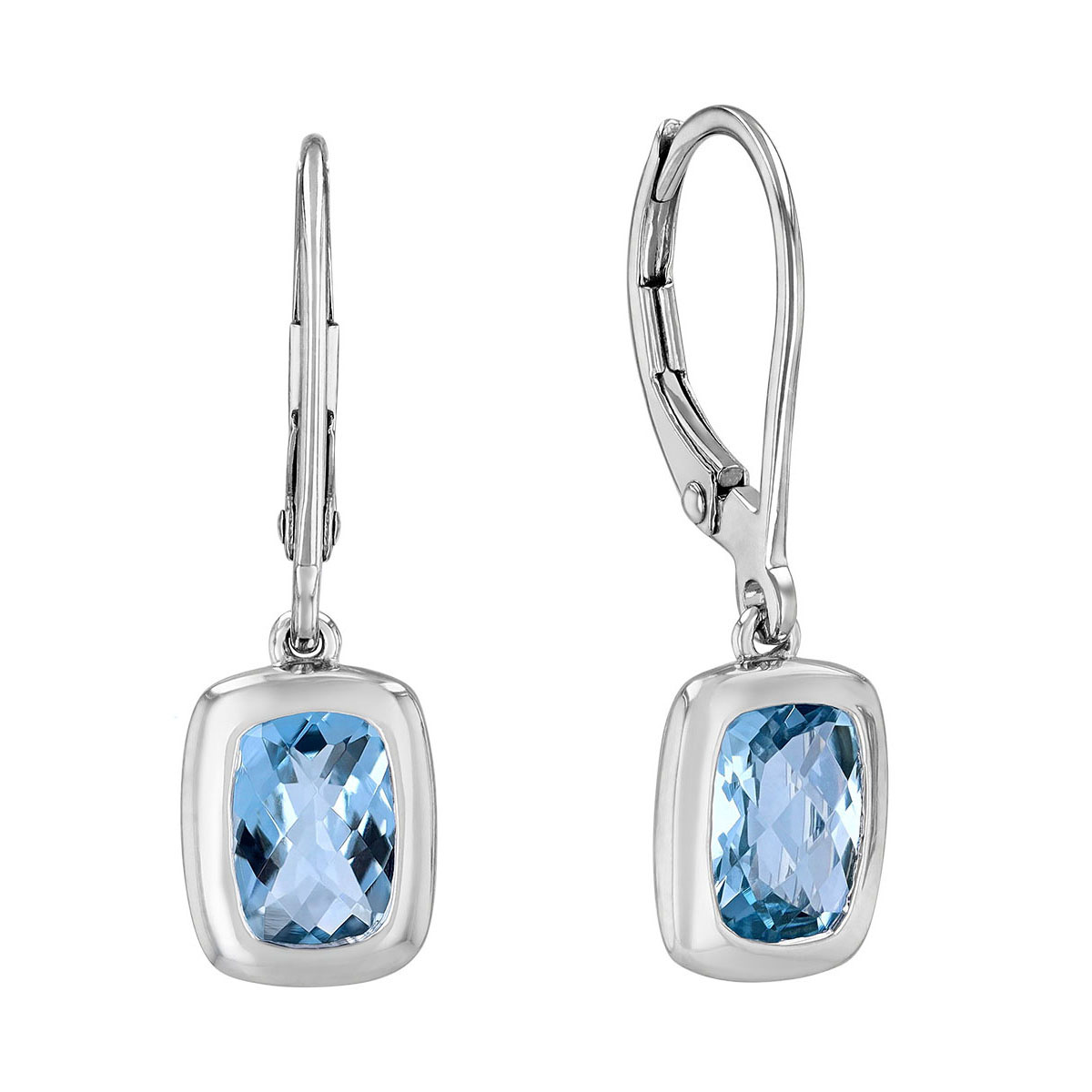 Cushion Aquamarine Bezel Set Drop Earrings In White Gold 