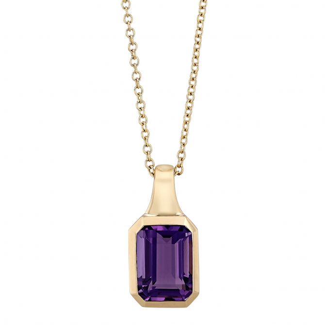 Emerald Cut Amethyst Bezel Set Pendant in Yellow Gold, 18"