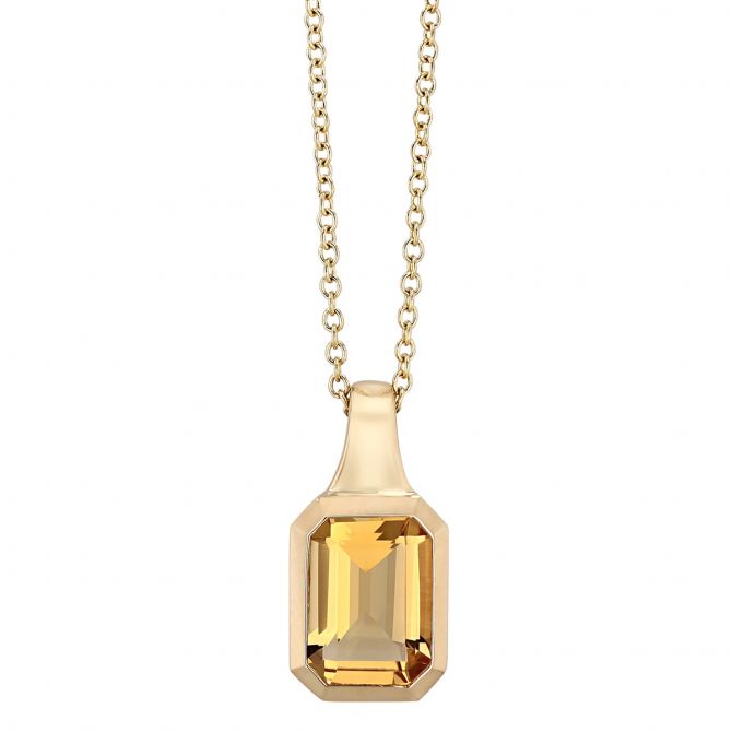 Emerald Cut Citrine Bezel Set Pendant in Yellow Gold, 18"