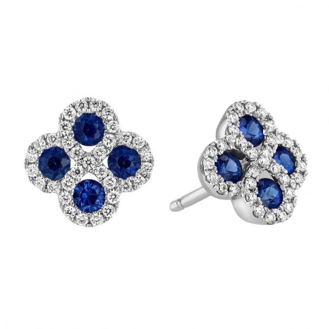 Sapphire & Diamond Clover Stud Earrings in White Gold