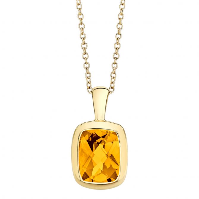 Cushion Citrine Bezel Set Pendant in Yellow Gold