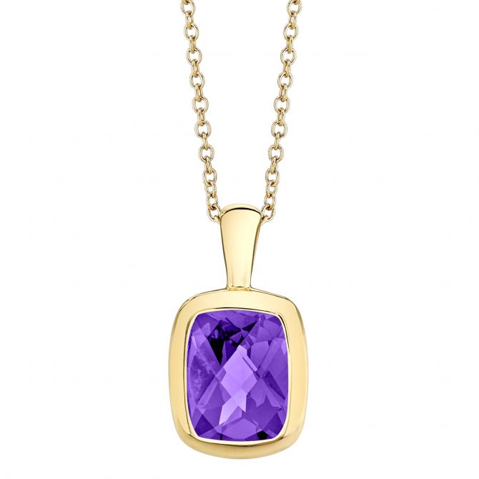 Cushion Amethyst Bezel Set Pendant in Yellow Gold