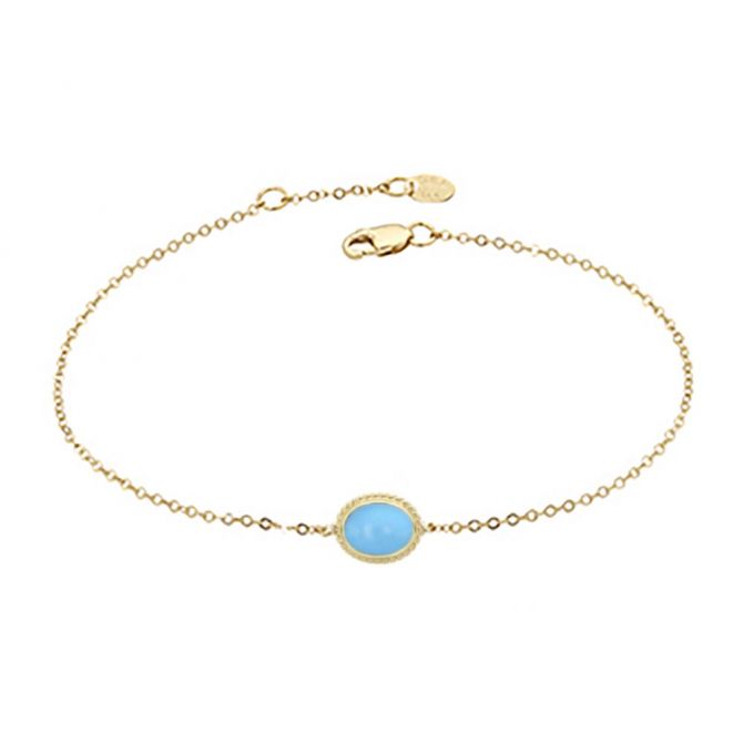 14K Yellow Gold Oval Cabochon Turquoise Rope Bezel Set Bracelet, 7.5"