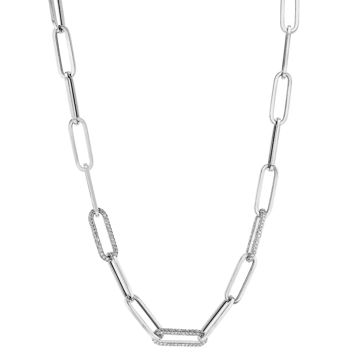 Diamond Link Paperclip Chain Necklace in White Gold, 18
