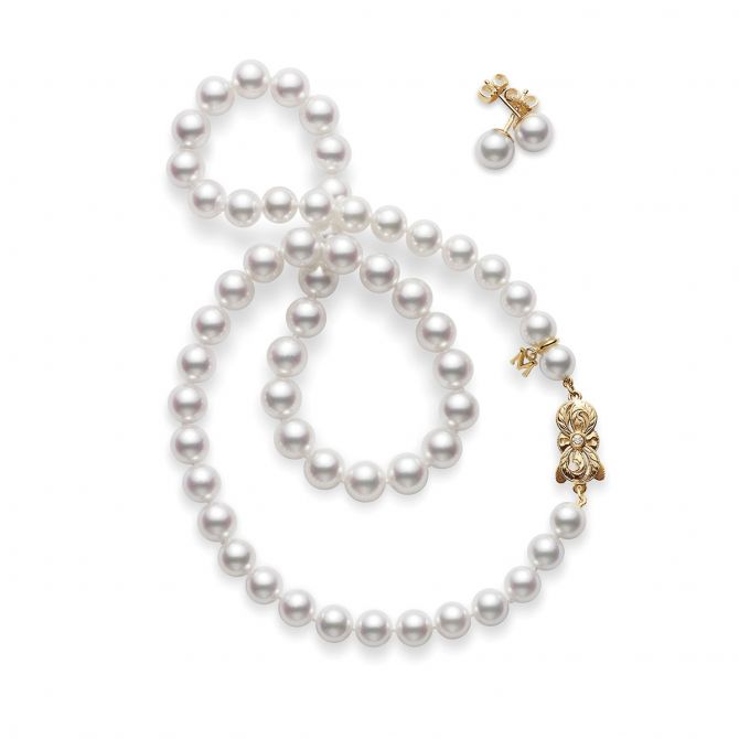 Mikimoto Akoya Cultured Pearl Stud Earrings and Necklace Set of 2