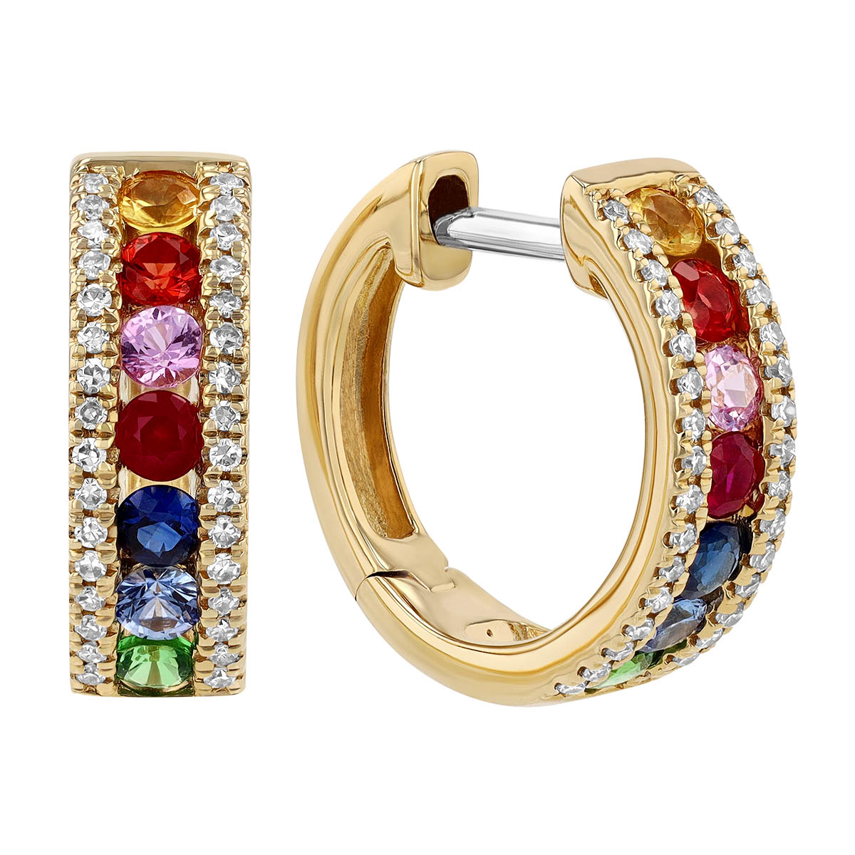 Multicolored Sapphire, Tsavorite & Diamond Hoop Earrings in Yellow Gold ...