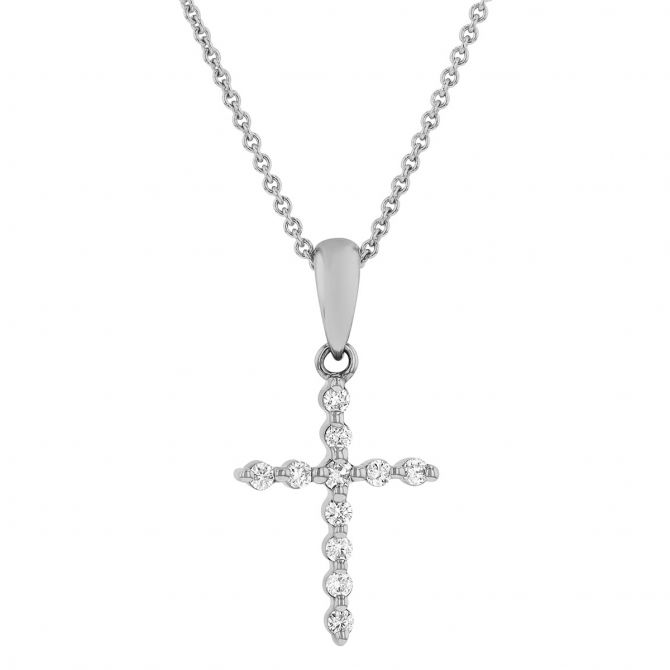 Petite Diamond Cross Pendant Necklace in White Gold, 0.11 cttw