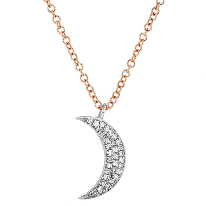 14K White & Rose Gold Diamond Crescent Moon Pendant, 18"