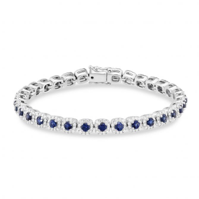 Sapphire & Diamond Halo Tennis Bracelet in White Gold, 6.75"