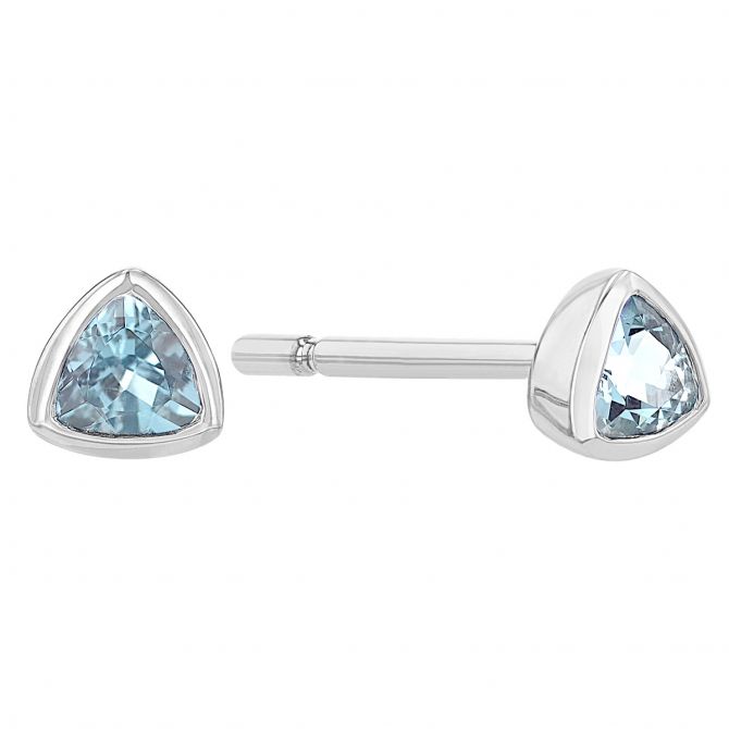 Trillion Aquamarine Bezel Set Stud Earrings in White Gold, 3 mm