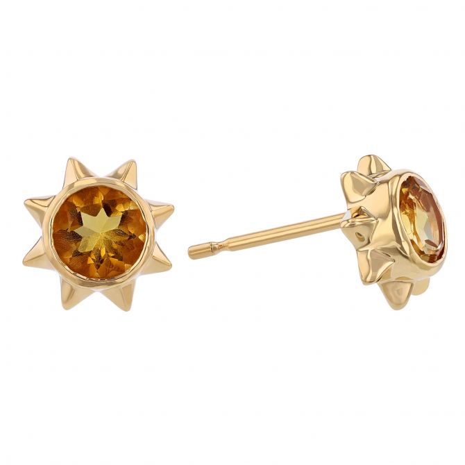 Citrine Yellow Gold Sunburst Bezel Stud Earrings