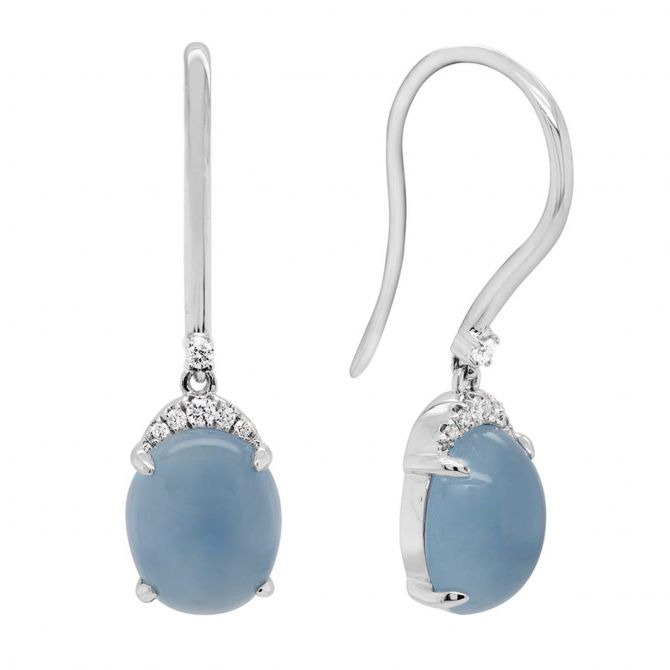 Aquamarine Cabochon & Diamond Dangle Earrings in White Gold