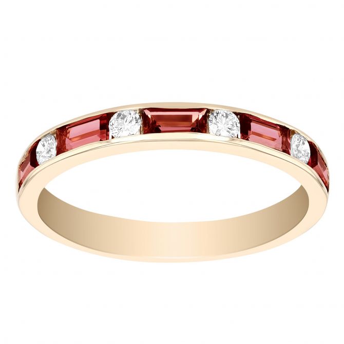 Baguette Garnet & Diamond Alternating Channel Set Ring in Yellow Gold