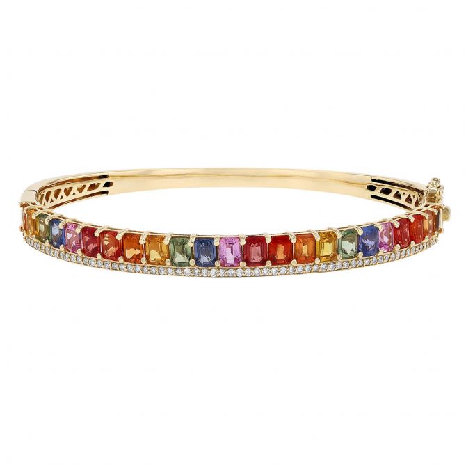 Emerald Cut Multicolored Sapphire & Diamond Bangle Bracelet in Yellow Gold