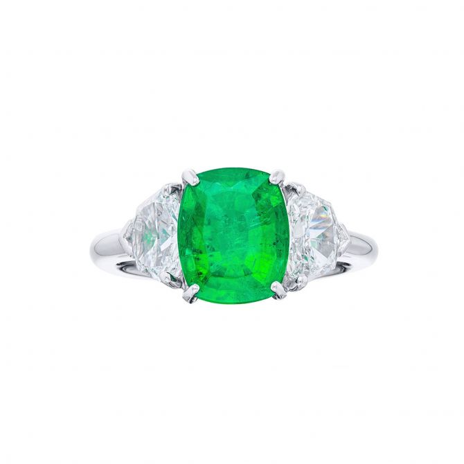 J.B. Star Cushion Cut Emerald & Diamond 3 Stone Ring in Platinum