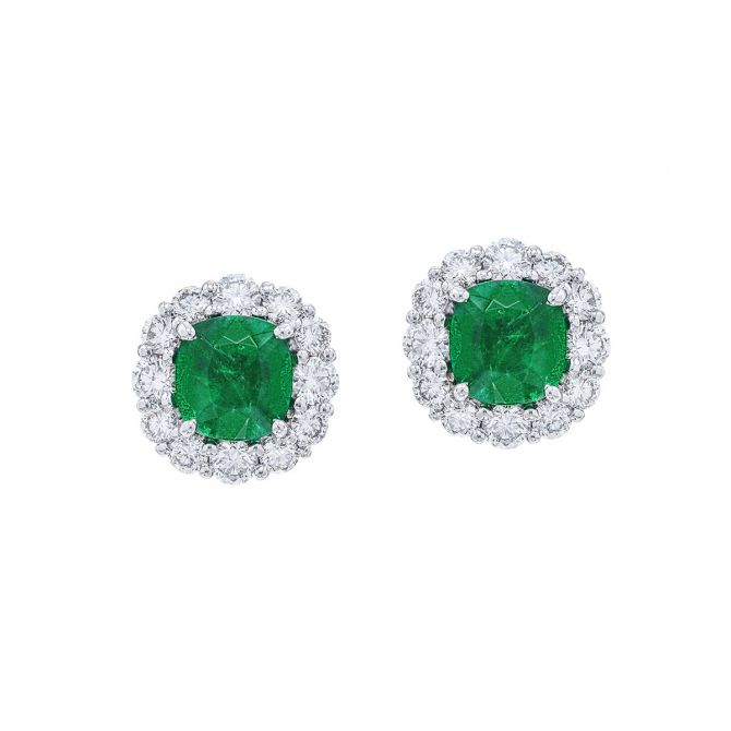 J.B. Star Cushion Cut Emerald & Diamond Halo Stud Earrings in Platinum