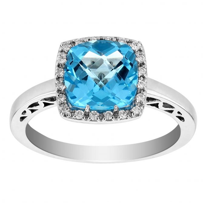 Cushion Blue Topaz & Diamond Ring in White Gold