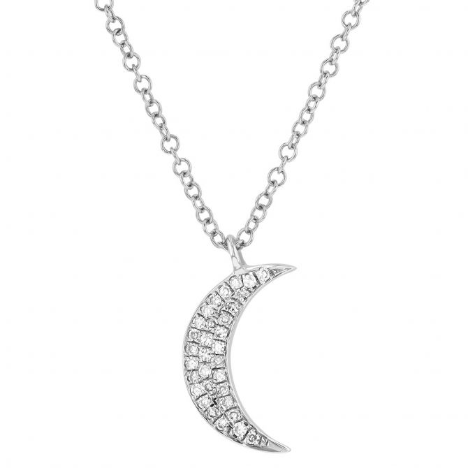 Diamond Crescent Moon Pendant in White Gold, 18"