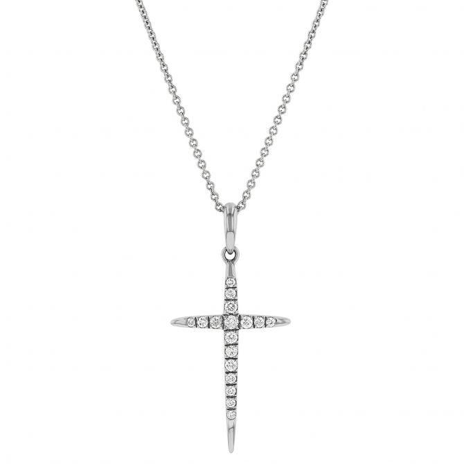 Diamond Tapered Cross Pendant in White Gold, 18"