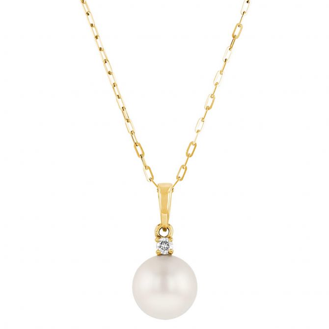 14K Yellow Gold Freshwater Cultured Pearl and Diamond Pendant, 18"