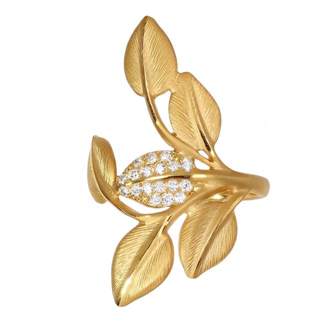 Marika Yellow Gold Leaf Ring with Diamonds