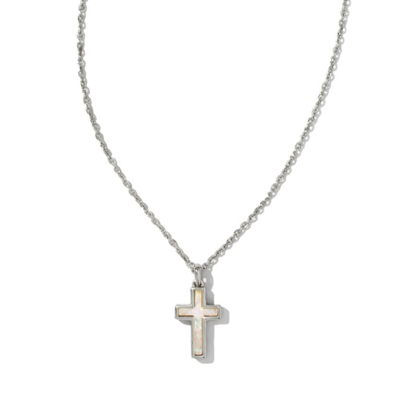 Kendra Scott Cross Silver Tone Pendant Necklace in White Kyocera Opal ...