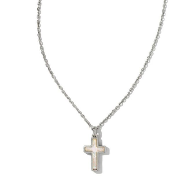 Kendra Scott Cross Silver Tone Pendant Necklace in White Kyocera Opal