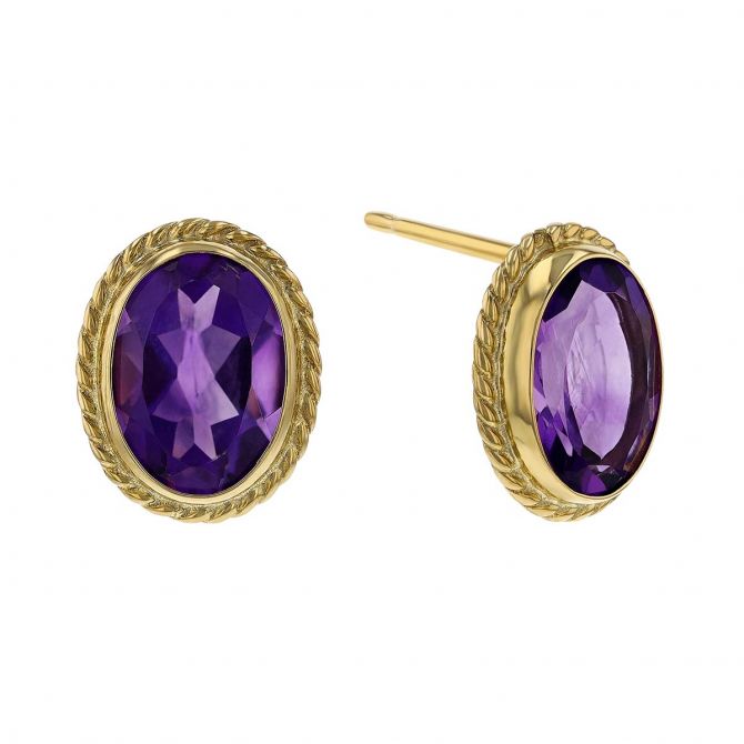 Oval Amethyst Rope Bezel Post Earrings in Yellow Gold