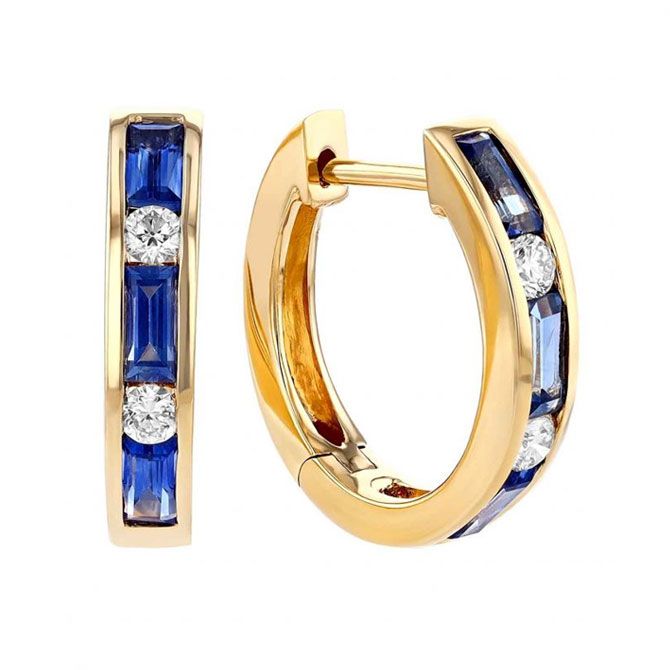 Baguette Sapphire & Diamond Alternating Channel Set Hoop Earrings in Yellow Gold