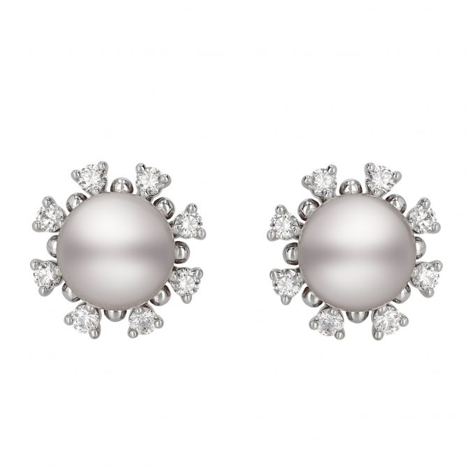 Freshwater Cultured Pearl Halo Diamond Earrings - 18K White Gold