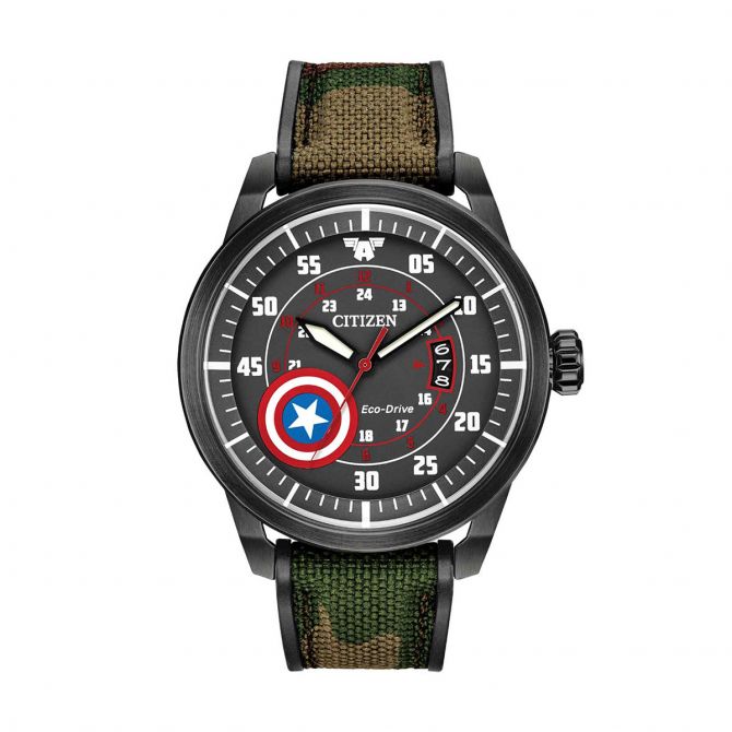 Citizen Marvel Captain America 45mm Watch, Silver and Black Accent Dial