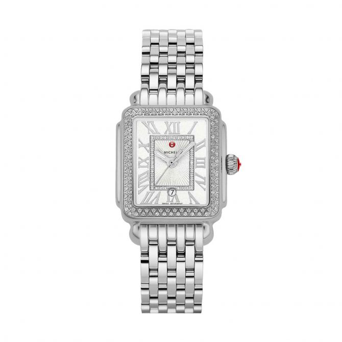 Michele Deco Madison Mid 29mm Watch, White and Silver Sunray Diamond Dial