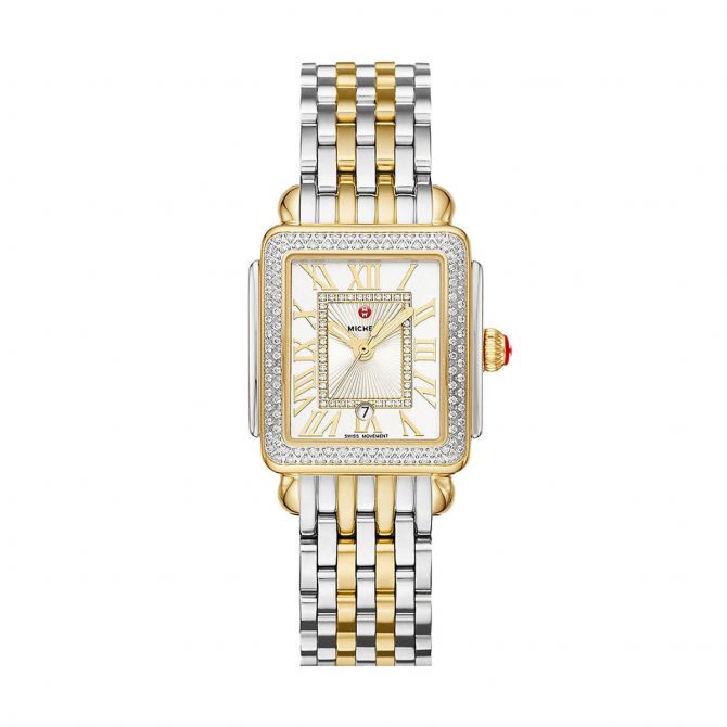 Michele Deco Madison Mid 29mm Watch, Yellow Gold Tone Diamond Sunray Dial