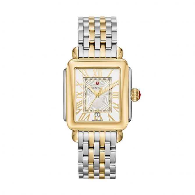 Michele Deco Madison Two-Tone 33mm Watch, Gold and Silver Tone Diamond Sunray Dial