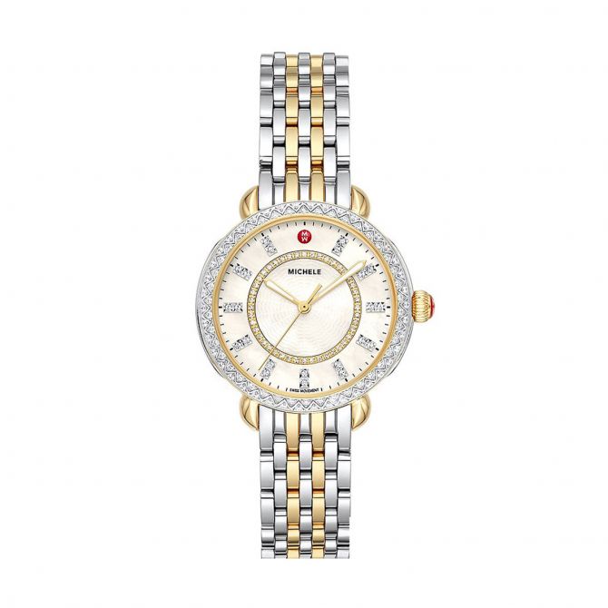 Michele Sidney Classic Two-Tone 33mm Watch, Yellow Gold and White Mother of Pearl Diamond Dial