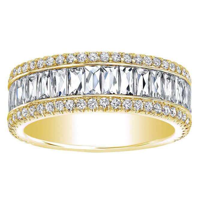 Rahaminov Baguette & Round Diamond 3 Row Wedding Band in Yellow Gold