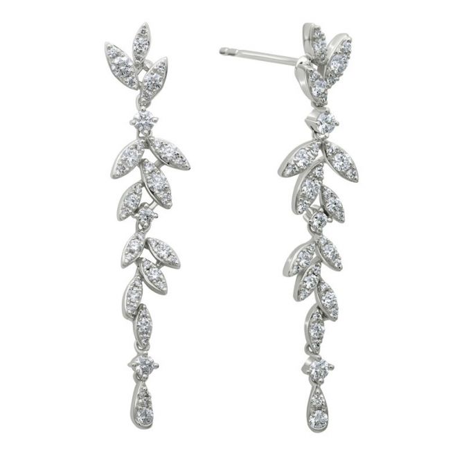 Diamond Pavé Leaf Long Drop Earrings in White Gold