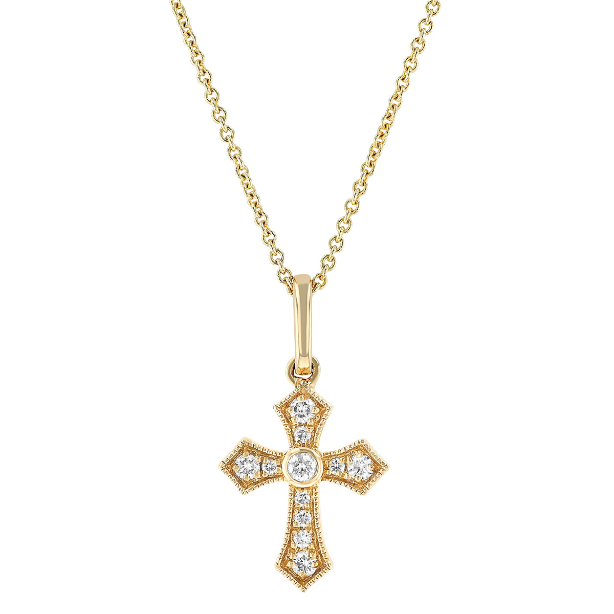 Diamond Pointed Cross Pendant with Milgrain in Yellow Gold, 18