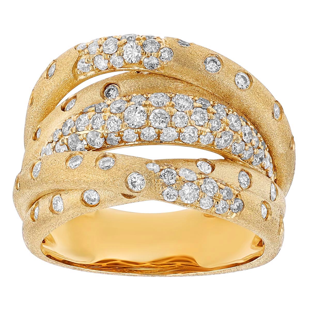 Scattered Diamond Flush Set Multi Row Crossover Ring in Yellow Gold ...