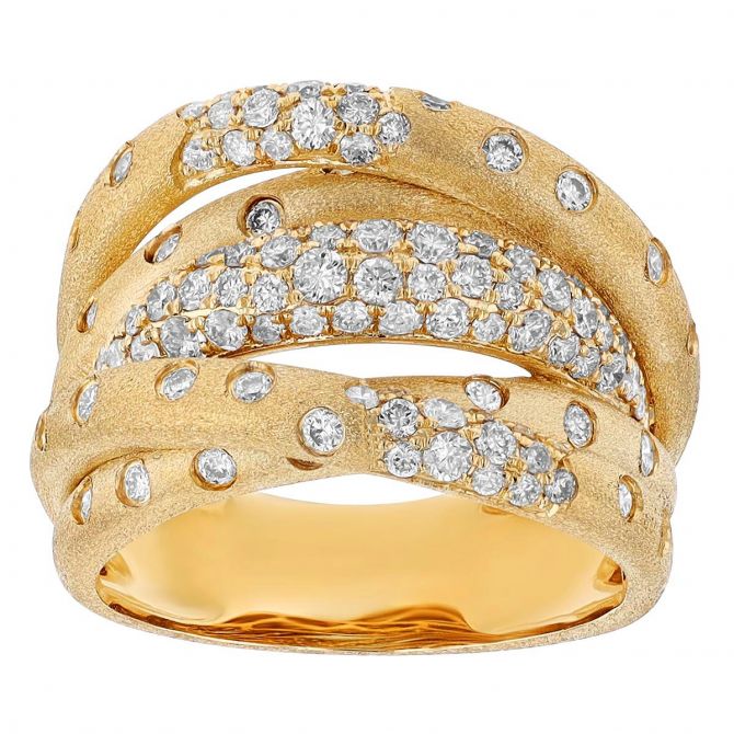 Scattered Diamond Flush Set Multi Row Crossover Ring in Yellow Gold