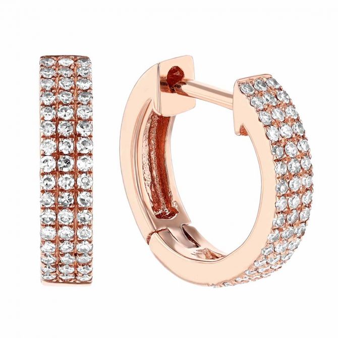 Diamond Pavé 3 Row Huggie Hinged Hoop Earrings in Rose Gold, 0.27 aptw