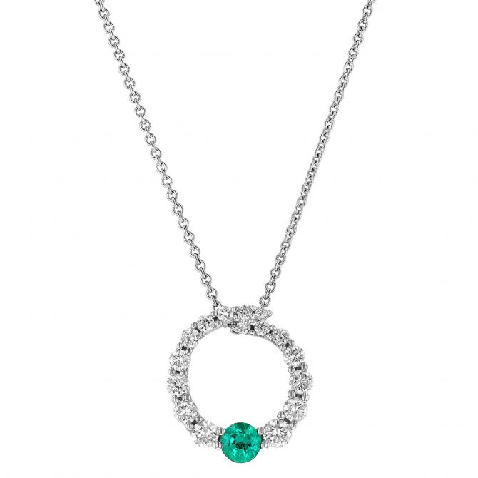 Emerald & Diamond Circle Pendant in White Gold, 18"