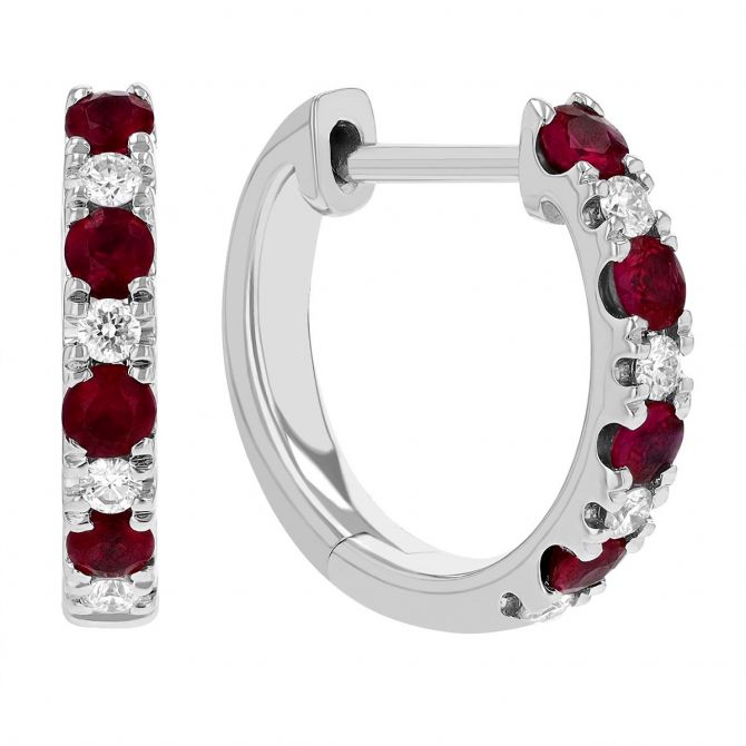 Ruby & Diamond Alternating Huggie Hoop Earrings in White Gold