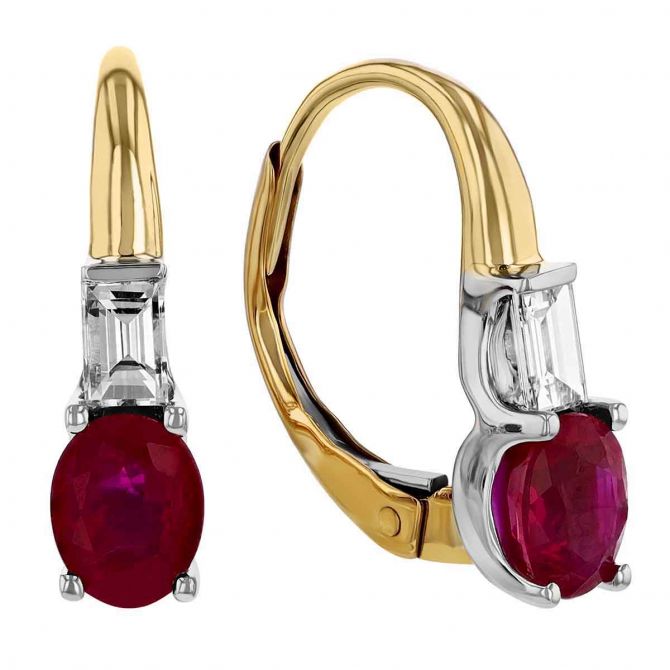 Oval Ruby & Emerald Cut Diamond Drop Earrings in White & Yellow Gold