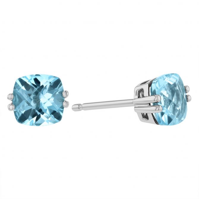 14K White Gold Checkerboard Cushion Blue Topaz Earrings