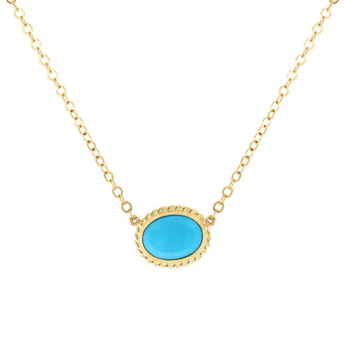 Yellow Gold Oval Cabochon Turquoise Rope Bezel Necklace, 19"